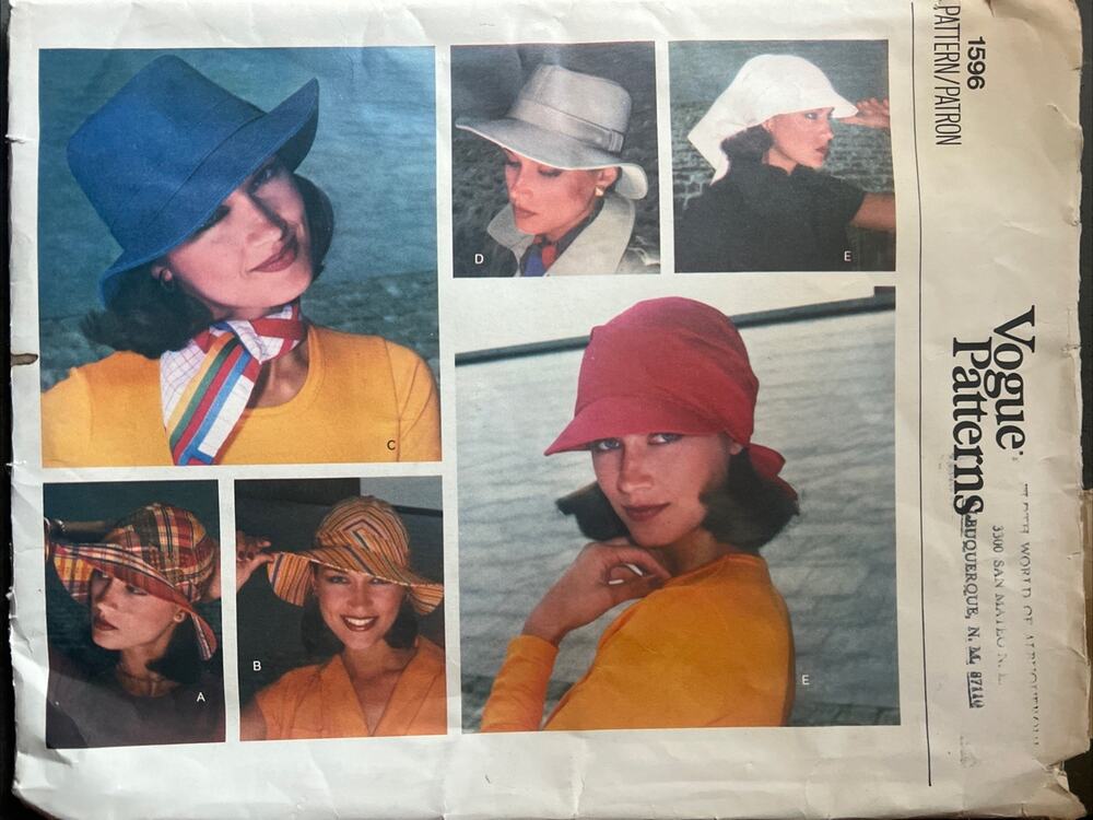 Vogue 1596 Womens Pattern Visor, Sun, Bucket, Scarf Hat 6 Styles Uncut Vtg 1970s